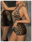Verdusa Women's Leopard Rave Outfits Halter Backless Rompers Sexy Bodycon Jumpsuits Brown Large