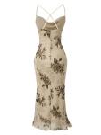 SOLY HUX Women's Floral Mesh Bodycon Cami Dress Cowl Neck Sleeveless Cocktail Party Wedding Guest Long Maxi Dresses Apricot Floral Large