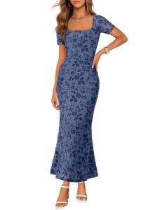 MEROKEETY Women's Summer Floral Bodycon Maxi Dress 2026 Square Neck Short Sleeve Mesh Wedding Guest Cocktail Party Dresses, Dusty Blue, Medium