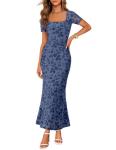 MEROKEETY Women's Summer Floral Bodycon Maxi Dress 2026 Square Neck Short Sleeve Mesh Wedding Guest Cocktail Party Dresses, Dusty Blue, Medium