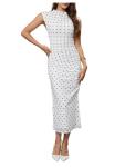 Milumia Women's Polka Dots Sleeveless Ruched Bodycon Midi Dress Mock Neck Slit Thigh Summer Dresses White Small
