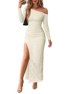 Lazysmile Womens Long Sleeve Maxi Dresses Off Shoulder Bodycon Cocktail Formal Wedding Guest Slit Long Dress Fall Outfits Beige