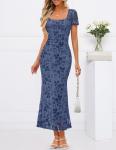 MEROKEETY Women's Summer Floral Bodycon Maxi Dress 2026 Square Neck Short Sleeve Mesh Wedding Guest Cocktail Party Dresses, Dusty Blue, Medium