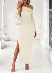Lazysmile Womens Long Sleeve Maxi Dresses Off Shoulder Bodycon Cocktail Formal Wedding Guest Slit Long Dress Fall Outfits Beige