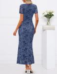 MEROKEETY Women's Summer Floral Bodycon Maxi Dress 2026 Square Neck Short Sleeve Mesh Wedding Guest Cocktail Party Dresses, Dusty Blue, Medium