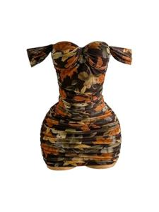 Milumia Women's Boho Printed Off The Shoulder Mesh Mini Dress Twist Front Ruched Bodycon Dresses Multicolor Medium