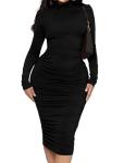 Ekaliy Women's Ruched Bodycon Midi Dress Sexy Turtleneck Long Sleeve Pencil Dresses Black XL