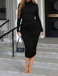 Ekaliy Women's Ruched Bodycon Midi Dress Sexy Turtleneck Long Sleeve Pencil Dresses Black XL
