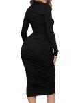 Ekaliy Women's Ruched Bodycon Midi Dress Sexy Turtleneck Long Sleeve Pencil Dresses Black XL