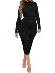 Ekaliy Women's Ruched Bodycon Midi Dress Sexy Turtleneck Long Sleeve Pencil Dresses Black XL