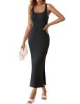ZESICA Womens 2025 Summer Casual Square Neck Bodycon Midi Dresses Spring Sleeveless Side Slit Knit Beach Vacation Long Dress,Black,Small