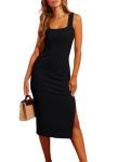 Valiamcep Women's 2024 Summer Tank Midi Dress Square Neck Sexy Side Slit Basic Ribbed Knit Sleeveless Slim Fitted Casual Bodycon Dresses Black S