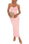 PRETTYGARDEN Women's Summer Bodycon Long Dresses Strapless Tube Twist Knot Front Ribbed Knit Elegant Maxi Dress with Slit (Pink,Small)