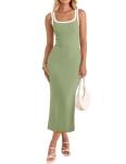 ZESICA Women's 2025 Summer Bodycon Midi Dress Casual Sleeveless Square Neck Side Slit Knit Vacation Long Dresses,Green,Small