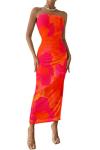 PRETTYGARDEN Women's Summer Maxi Bodycon Dresses Strapless Tube Top Printed Long Party Club Slit Dress (Orange Red Big Floral,Small)