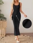ZESICA Womens 2025 Summer Casual Square Neck Bodycon Midi Dresses Spring Sleeveless Side Slit Knit Beach Vacation Long Dress,Black,Small