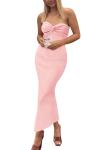 PRETTYGARDEN Women's Summer Bodycon Long Dresses Strapless Tube Twist Knot Front Ribbed Knit Elegant Maxi Dress with Slit (Pink,Small)
