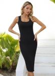 Valiamcep Women's 2024 Summer Tank Midi Dress Square Neck Sexy Side Slit Basic Ribbed Knit Sleeveless Slim Fitted Casual Bodycon Dresses Black S