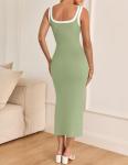 ZESICA Women's 2025 Summer Bodycon Midi Dress Casual Sleeveless Square Neck Side Slit Knit Vacation Long Dresses,Green,Small