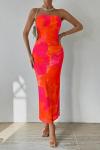 PRETTYGARDEN Women's Summer Maxi Bodycon Dresses Strapless Tube Top Printed Long Party Club Slit Dress (Orange Red Big Floral,Small)