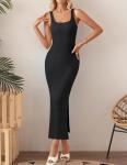 ZESICA Womens 2025 Summer Casual Square Neck Bodycon Midi Dresses Spring Sleeveless Side Slit Knit Beach Vacation Long Dress,Black,Small