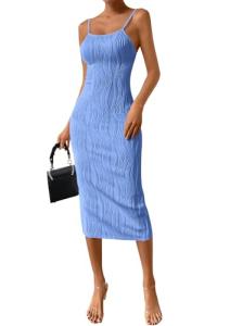 PRETTYGARDEN Women's 2025 Summer Sleeveless Bodycon Dress Textured Back Slit Sexy Cocktail Party Midi Dresses (Light Blue,Medium)