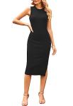 Pink Queen Tank Dress for Women Crew Neck Sleeveless Bodycon Side Slit Ribbed Knit Party Midi Dresses Black S