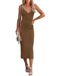 MEROKEETY Womens Summer Spring Midi Dress 2026 Beach Vacation Bodycon V Neck Casual Sleeveless Ribbed Knit Sweater Dresses,Coffee,M