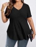 Koscacy Plus Size V Neck Black Short Sleeve Top