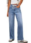 Sidefeel Women's Wide Leg Jeans High Waisted Stretchy Straight Baggy Drawstring Denim Pants Light Blue Size 14