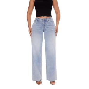 ONESO Mid-Low Rise Baggy Jeans Wide Leg for Women Distressed Pants Stretchy Bottom Lady Basic Comfortable Denim