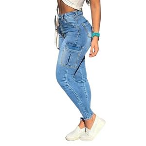 AprPith Skinny Cargo Pants Women High Waisted Jeans Stretch Fashion Casual with Flaps 6 Pockets Medium Blue