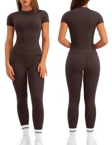 Relety Womens Two Piece Workout Sets Slim Fit Short Sleeve Shirt High Waist Leggings Yoga Outfits Matching Gym Set - Brown Medium