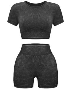 OLCHEE Womens Workout Sets 2 Piece - Seamless Acid Wash Yoga Outfits Leggings Shorts and Crop Top Matching Gym Activewear Athletic Clothing Set - Black Small
