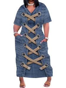 Plus Size Denim Print V Neck Maxi Dress