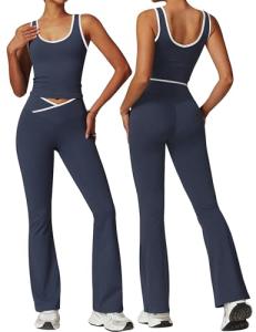 OLCHEE Womens Workout Sets 2 Piece Gym Yoga Outfits Crossover Flare Leggings Crop Tank Top with Contrast Trim - Navy Small