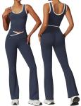 OLCHEE Womens Workout Sets 2 Piece Gym Yoga Outfits Crossover Flare Leggings Crop Tank Top with Contrast Trim - Navy Small