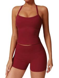 QBGJTD Two Piece Workout Sets For Women Straps Cross Back Tank Top Matching High Waist Booty Lifting Biker Shorts 2 Piece Gym Yoga Active Wear Outfits Womens Athletic Work Out Clothes Burgundy S