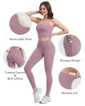 SALSPOR 3 Piece Workout Sets for Women High Waisted Leggings with Pockets Tummy Control Biker Shorts Yoga Sports Bra(3YFTZ-Lilac Pink-M)