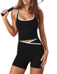 2 Piece Workout Sets For Women Contrast Trim Cute Yoga Gym Outfits Women Set Butt Lifting Biker Shorts Sports Bra Top Black US S