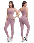 SALSPOR 3 Piece Workout Sets for Women High Waisted Leggings with Pockets Tummy Control Biker Shorts Yoga Sports Bra(3YFTZ-Lilac Pink-M)