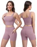 SALSPOR 3 Piece Workout Sets for Women High Waisted Leggings with Pockets Tummy Control Biker Shorts Yoga Sports Bra(3YFTZ-Lilac Pink-M)