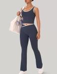OLCHEE Womens Workout Sets 2 Piece Gym Yoga Outfits Crossover Flare Leggings Crop Tank Top with Contrast Trim - Navy Small