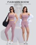 SALSPOR 3 Piece Workout Sets for Women High Waisted Leggings with Pockets Tummy Control Biker Shorts Yoga Sports Bra(3YFTZ-Lilac Pink-M)