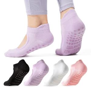 CoolMate Pilates Socks with Grips for Women, Yoga Socks, Crew Non Slip Women for Barre, Pilates Gifts (US, Numeric, 6, 10, Regular, Regular, A-01. 4 Pairs Open Top Pink/White/Light Purple/Black)