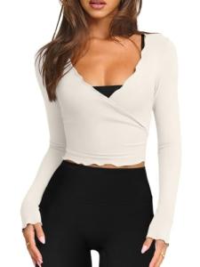 LASLULU Womens Tie Front Pilates Wrap Top Long Sleeve Workout Tops Bolero Shrugs Crop Cardigan Yoga Ballet Cover up Tops Pilates Outfits (Beige, Small)