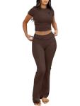 ANRABESS Lounge Sets for Women 2 Piece Foldover Yoga Flare Leggings Pants Crop Tops Casual Y2K Outfits Matching Tracksuit Set Brown Small