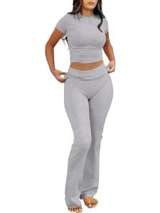 ANRABESS Lounge Sets for Women 2 Piece Foldover Yoga Flare Leggings Pants Crop Tops Casual Y2K Outfits Matching Tracksuit Set Grey Grey Small