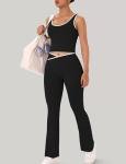 OLCHEE Womens Workout Sets 2 Piece Gym Yoga Outfits Crossover Flare Leggings Crop Tank Top with Contrast Trim - Black Large