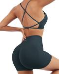 SUUKSESS Women Seamless 2 piece Workout Sets Strappy Padded Sports Bra Booty High Waisted Shorts Outfits (Deep Green,S)